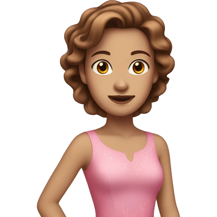 White woman with brown hair wearing a pink dress and ice skating  emoji