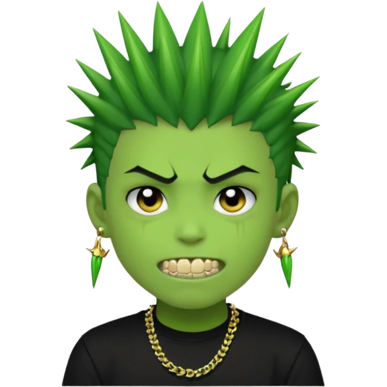 green zombie boy with spiky black emo hair and a black shirt with piercings and gold grilzz  emoji