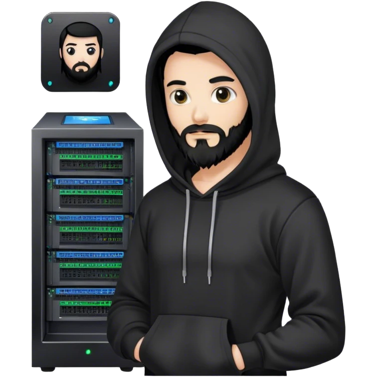 hackeur blanc cheveux noir barbe et capuche noir à côté d'un server ia emoji