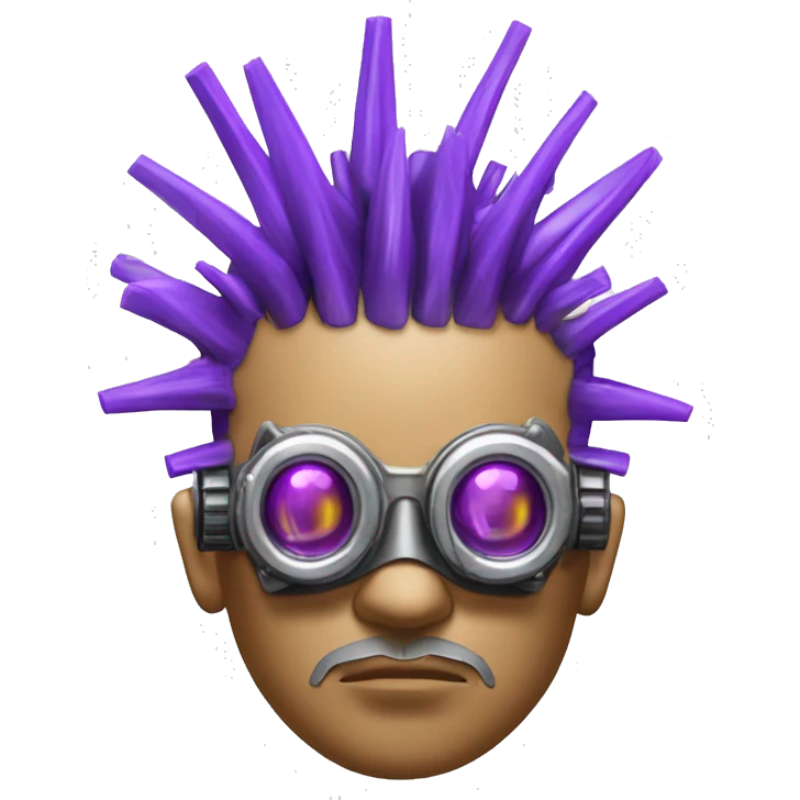 Purple mohawk cyborg head with silver steampunk goggles, goatee and circuits emoji