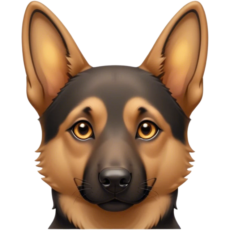 Cinematic Cute Tan/Black German Shepherd Portrait Emoji, Head tilted playfully and inquisitively, showcasing a smooth tan coat with distinctive black markings and piercing brown eyes filled with curiosity, Simplified yet irresistibly adorable features, highly detailed, glowing with a warm, friendly glow, high shine, affectionate and alert, stylized with a touch of whimsy, bright and endearing, soft glowing outline, capturing the essence of a mischievous yet loving guardian, so playful it feels like it could bound out of the screen and into your arms! emoji