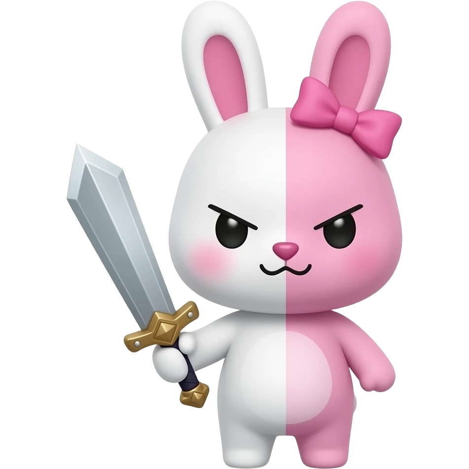 Um coelho de pelúcia metade branco é rosa as duas metafes com a cara fofa lacinho rosa na cabeça orelhas pra cima segurando uma espada com expressão malignaela se chama monomi emoji