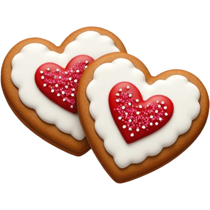 two gingerbread heart cookies with white holiday icing emoji
