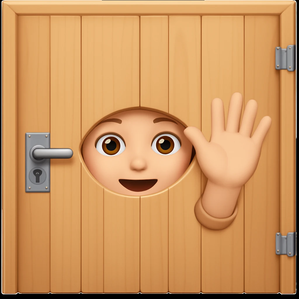 Add a hand waving to the person hiding behind a door, only face peeking out from front side, in emoji style. emoji