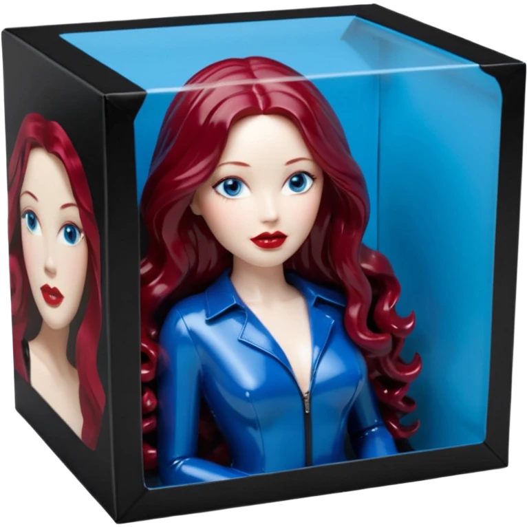 Imagine a beautiful burgundy long wavy hair, pale skin, dreamy, seductive blue eyes, plump vivid red lips,female as an hyperrealistic action figurine. Wearing one piece black patent leather outfit, ina hyperrealistic detailed cardboard plastic 3D figurine box, full view, still life, masterpiece  emoji