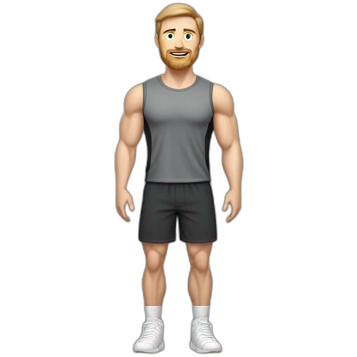 Full height Pale skinned muscular man With Realistic eyes and mouth, light brown hair and stubble In dark gray sleeveless mike, black oversize sports shorts, watch and white sneakers. emoji