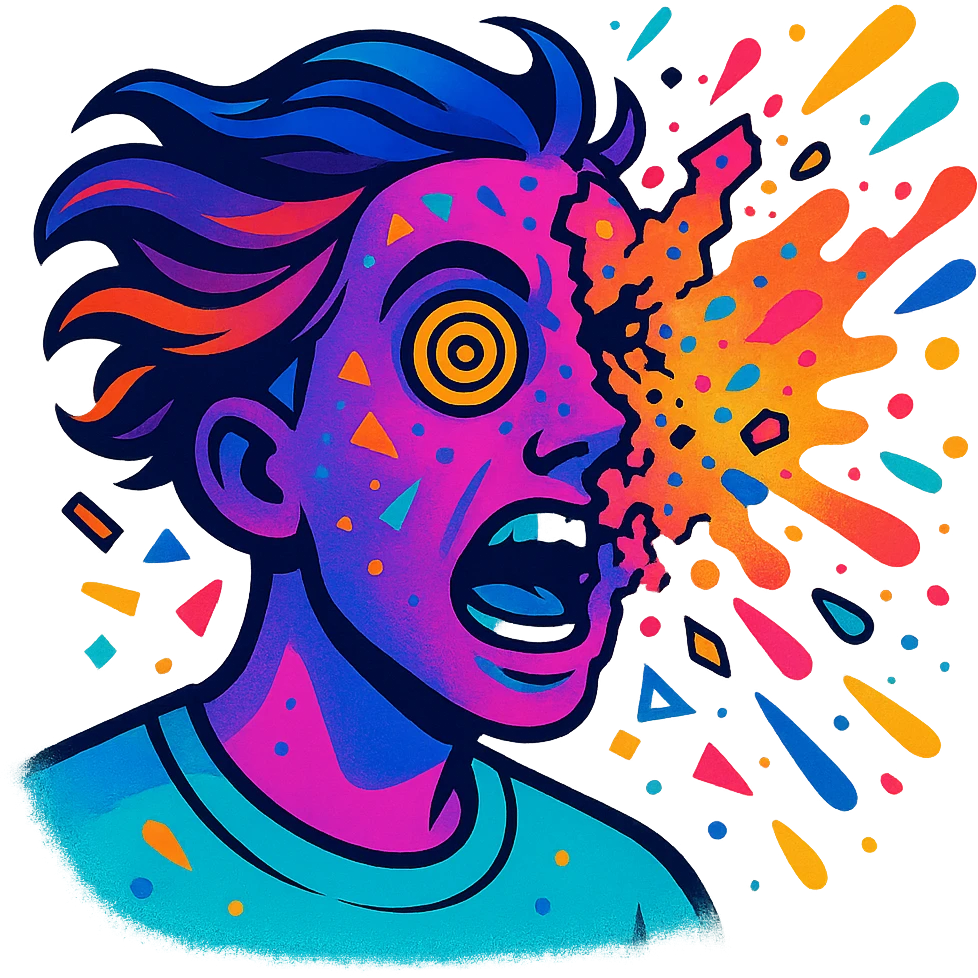 person with acid purple and turquoise neon skin, face breaking apart in colorful explosion, airbrushed, hair as flowing liquid color, spiral eyes, geometric accents, paint flecks, energetic motion emoji
