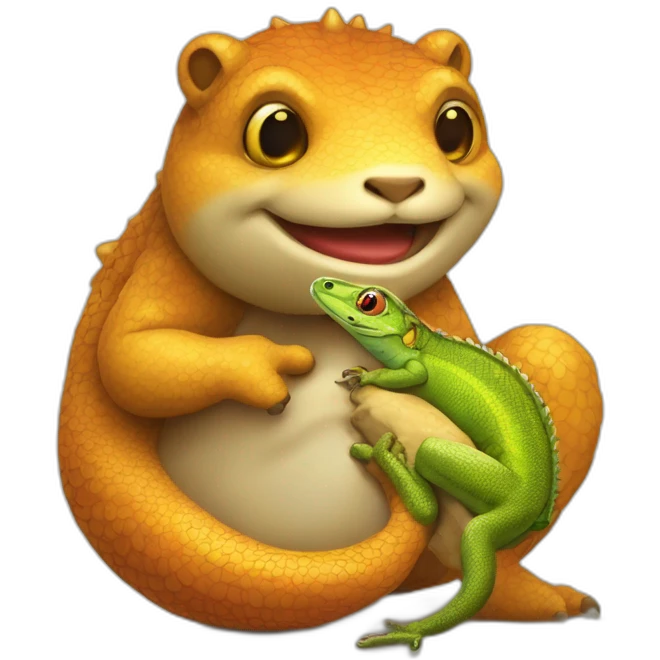 Lezard qui embrasse un ours avec un cœur au dessus de leur baiser  emoji