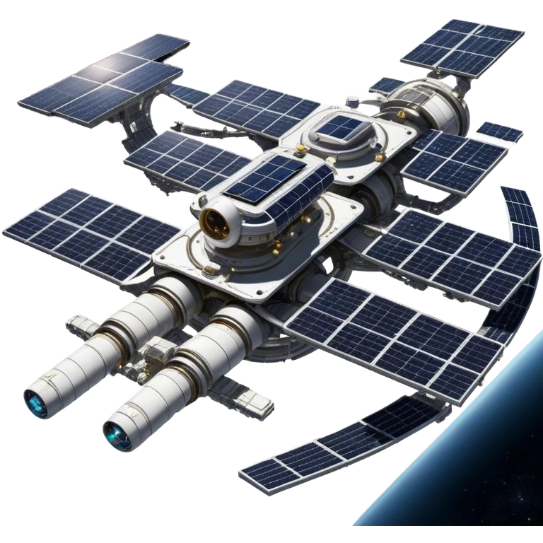  Cinematic Realistic Space Station – A highly detailed, sprawling orbital station with complex solar panels and intricate docking modules. The metallic structure glows faintly from reflected sunlight, with the curvature of Earth and the deep blackness of space in the background. emoji