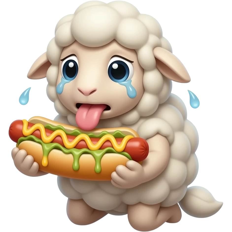 Sweating tired sheep plush on its knees eating a hotdog with tongue out covered in lots of sticky mayo emoji