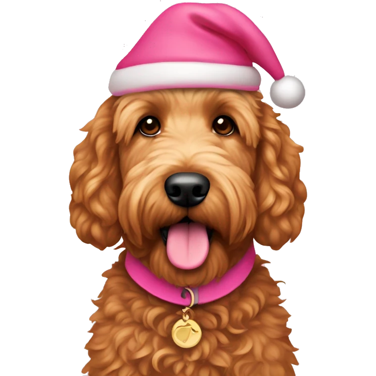 Red golden doodle with pink Santa hat, and pink collar emoji