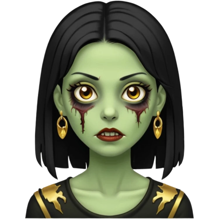Faça uma zombie mulher bonita verde com olhos castanhos cabelos pretos liso com estilo y2k e ouro emoji