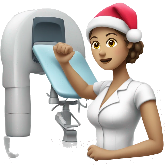 white brunette woman getting a Mammogram while wearing a Santa hat emoji