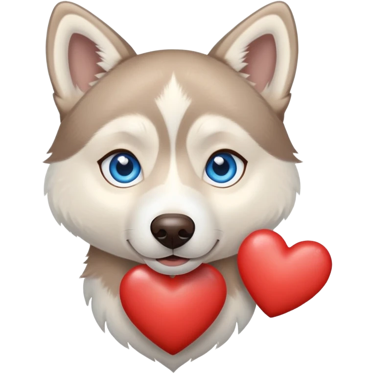 Beige husky with blue eyes holding a brown heart emoji