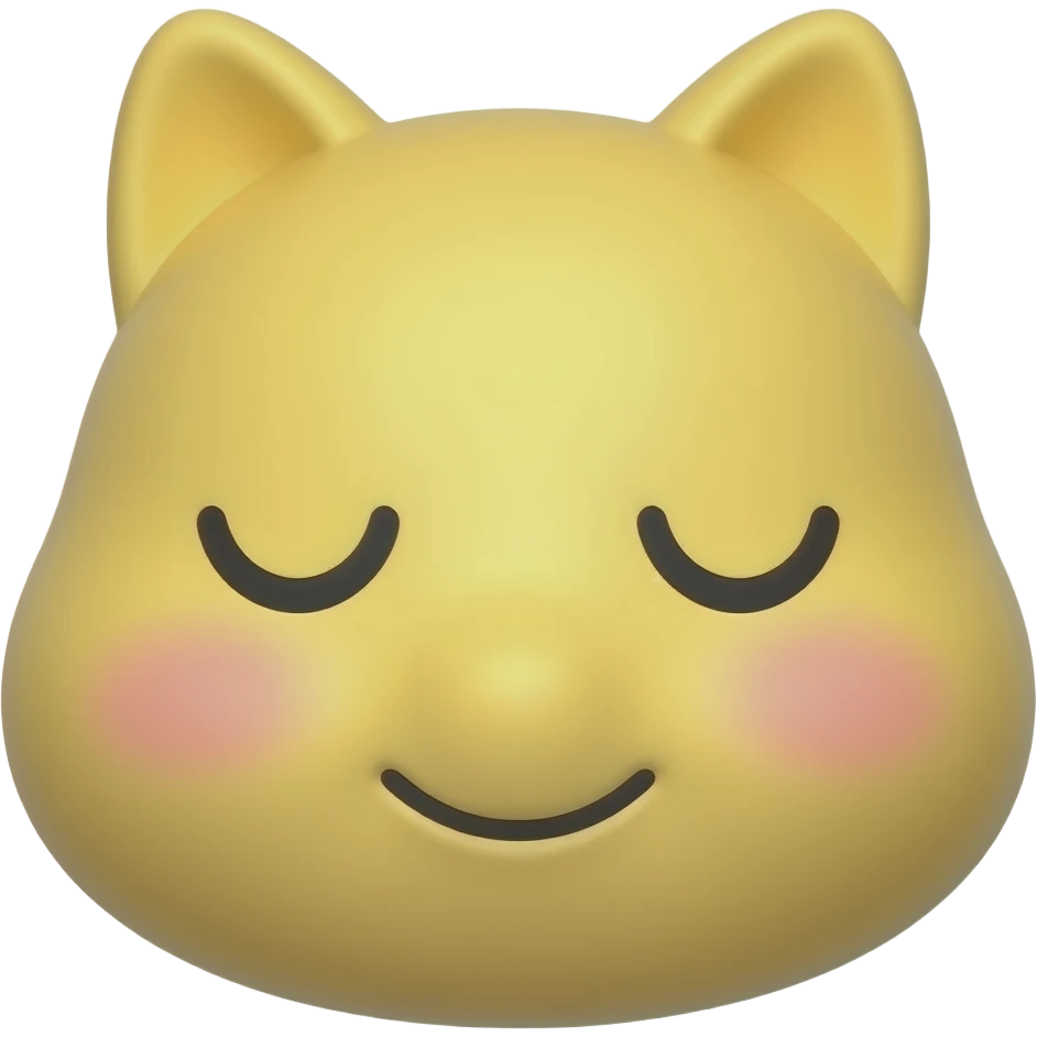 3D yellow emoji face, eyes closed as two tiny downward 'u' curves. Mouth is a soft, wavy 'w' shape (cat-style smile). Subtle pink blush ovals on cheeks. High-res, glossy finish, minimalist aesthetic, cute and peaceful expression." emoji