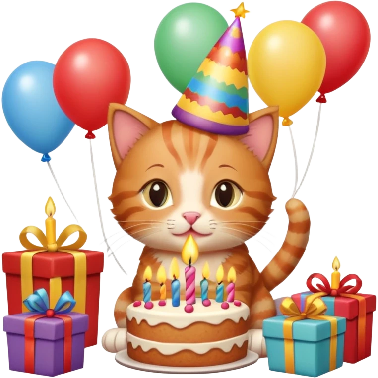 Ginger tabby kitten celebrates birthday, birthday hat, birthday cake, one candle, balloons, happy, gifts emoji