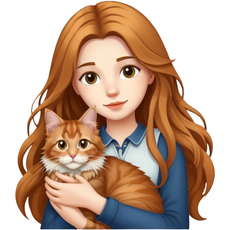 A beautiful girl with fair skin and long hair is holding a Maine Coon cat emoji
