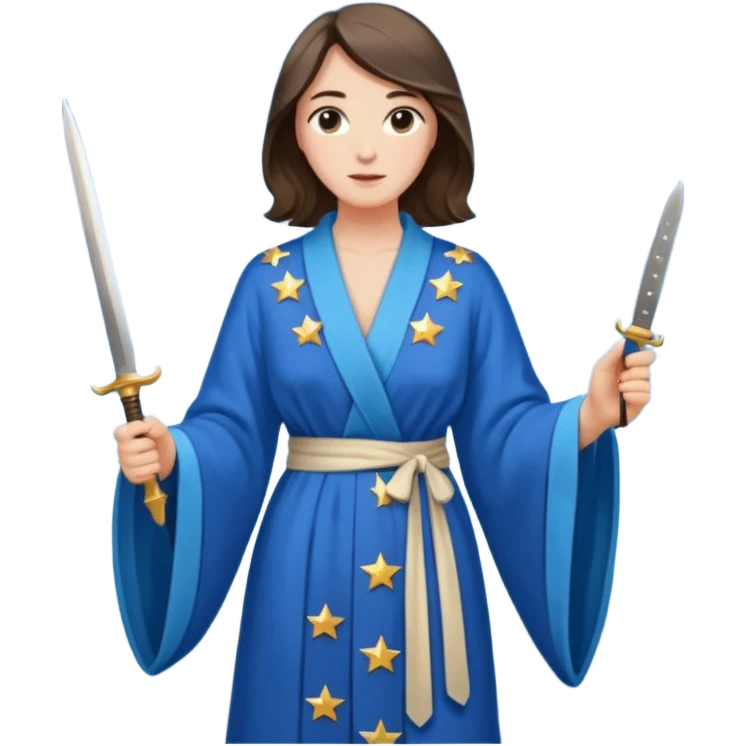 An upright Europe (a tall woman), wearing a blue, flowing robe with stars on the hem, and behind her stands Chancellor Merz, holding a knife toward her back emoji