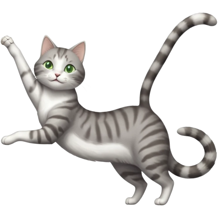 grey and white cat with green eyes doing a big extremely long stretch reaching up into the air with arms and legs side by side together straight and overextended whilst lying on its side emoji