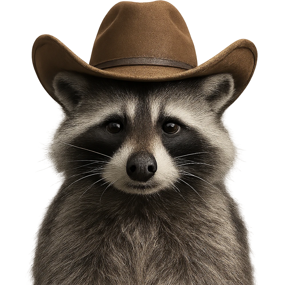HD bust portrait of a gray raccoon with a cowboy hat, front view, detailed, high-definition emoji