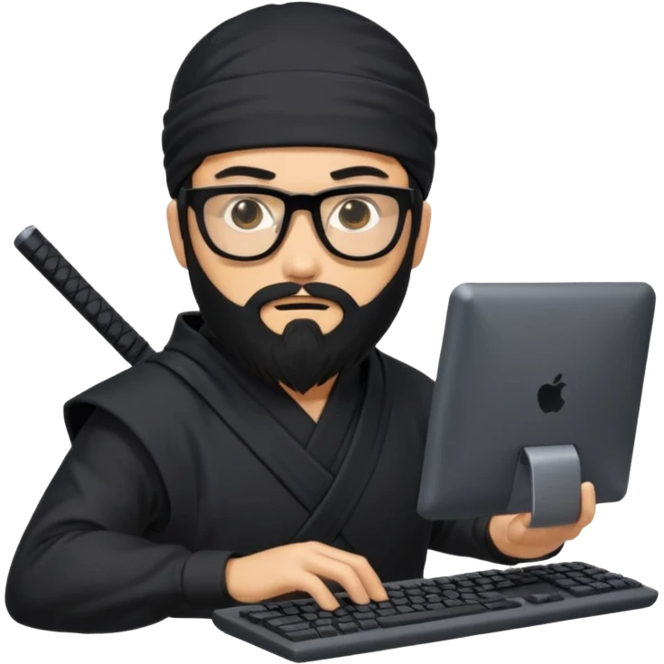 Man with black hair and beard wearing glasses in a ninja costume. Keep the top left version, make the beard longer and replace the sword on his back with a computer keyboard  emoji