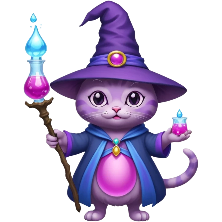 Purple witch cat full body with pink potion and blue potion  emoji