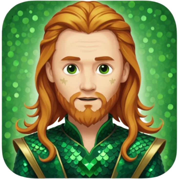 Loki, God of Mischief with long reddish blonde hair and beard, dark green sequin outfit emoji
