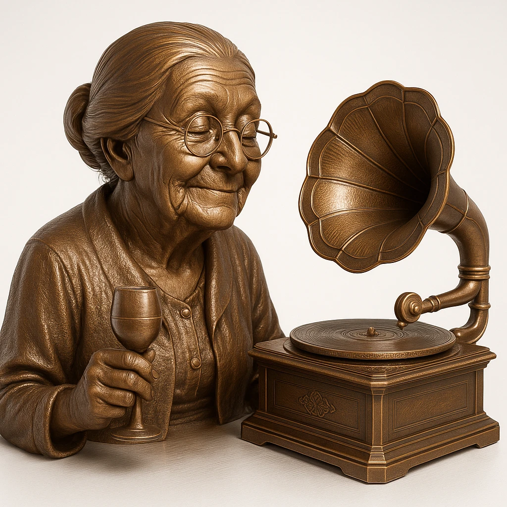 old lady with wineglass listening to gramophone emoji