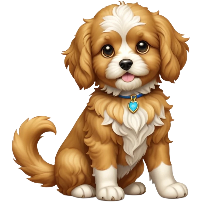 cinematic-[cavoodle dog]-realistic-full-body-sitting-emoji,-tail-resting-loosely-beside-its-paws,-head-tilted-dramatically,-wavy-[solid golden]-fur,-simplified-yet-realistic-focused-features,-highly-detailed,-glowing-with-an-almost-sarcastic-glow emoji