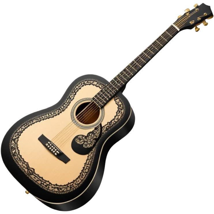 acoustic sunrise guitar with black lacy-details and engraved small black music notes emoji