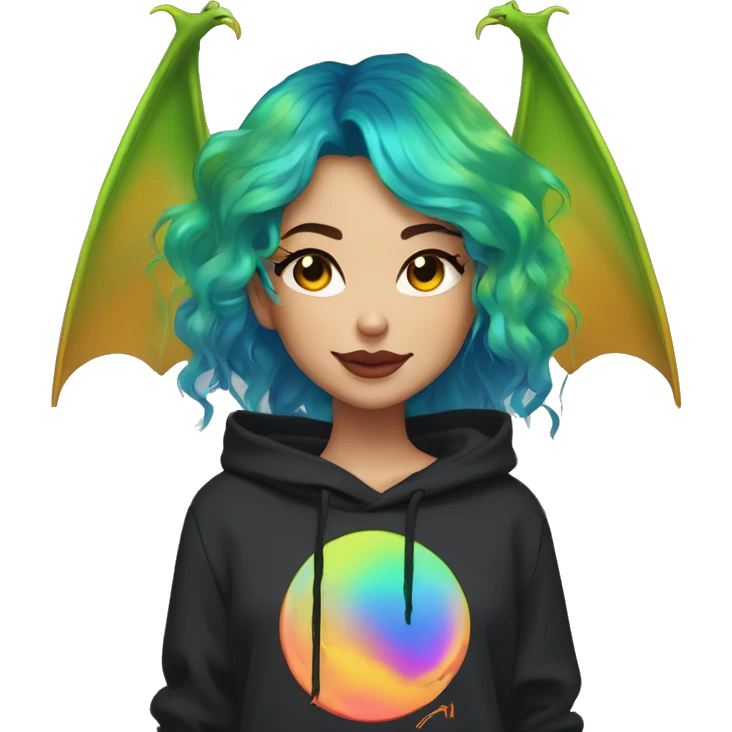 Lady with brunette and iridescent blue hair, gold, lime green dragon wings, black hoodie, oilslick holographic, black and gold Nike t shirt, and bright red eyes emoji