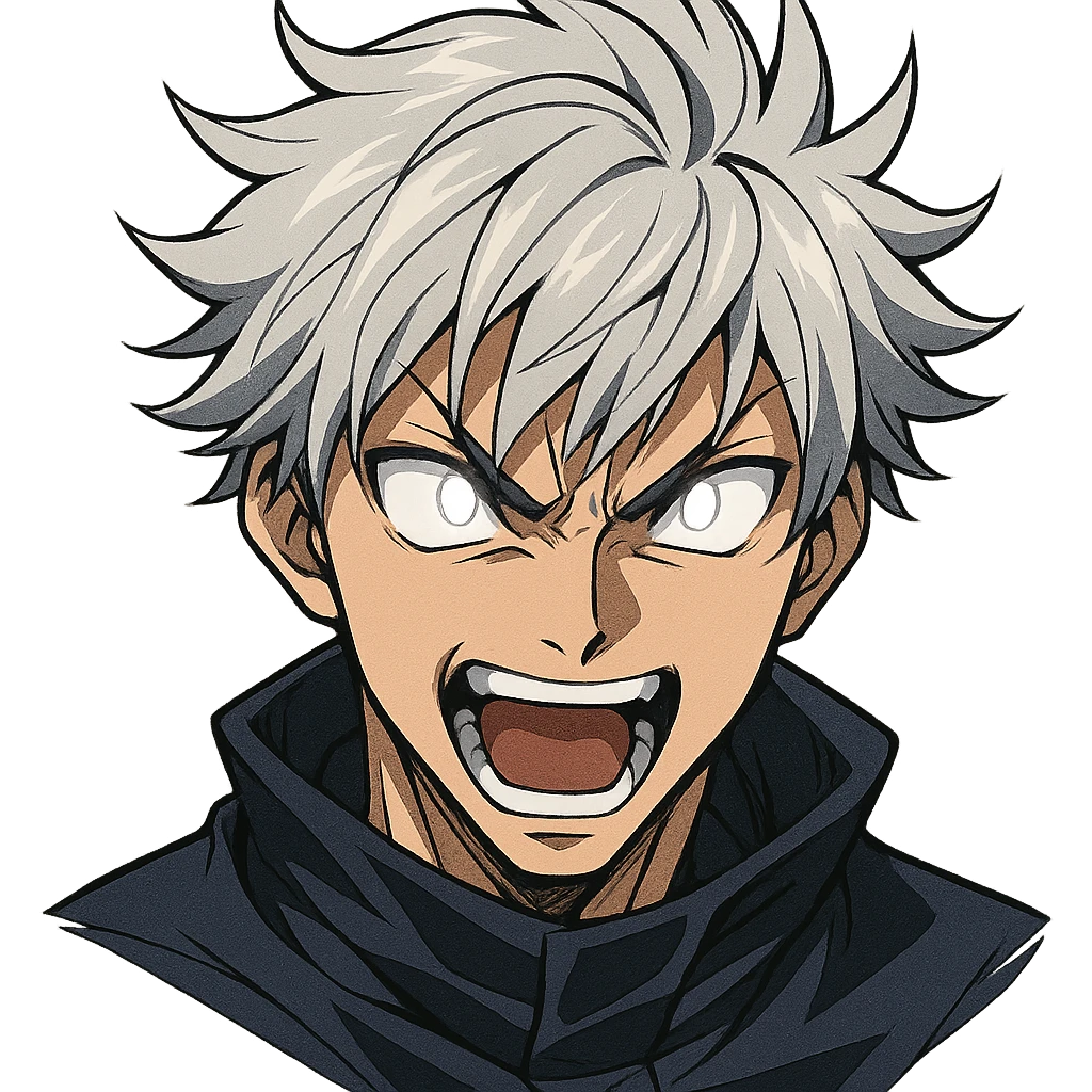 male anime character with silver hair, stylized portrait, dynamic facial expression, clear lines, glowing eyes, no background emoji