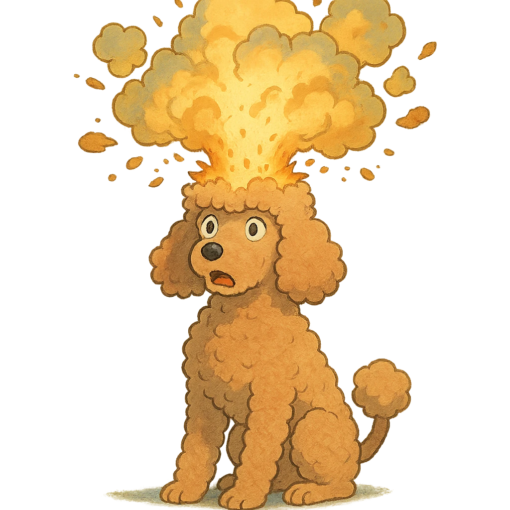 ghibli style poodle dog with exploding head emoji