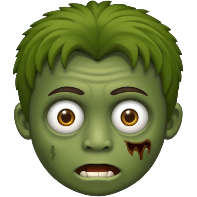 quero um emoji de um menino com pele de zumbi cabelo castanho claro e de franja, olhos menores boca fechada pele verde faça os machucados na cara inteira  emoji