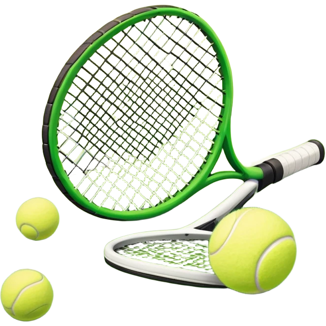 A tennis racket and a ball placed on a grassy court, with the net visible in the background. The scene captures the elegance and energy of the sport, with a vibrant green court and soft sunlight highlighting the equipment. emoji