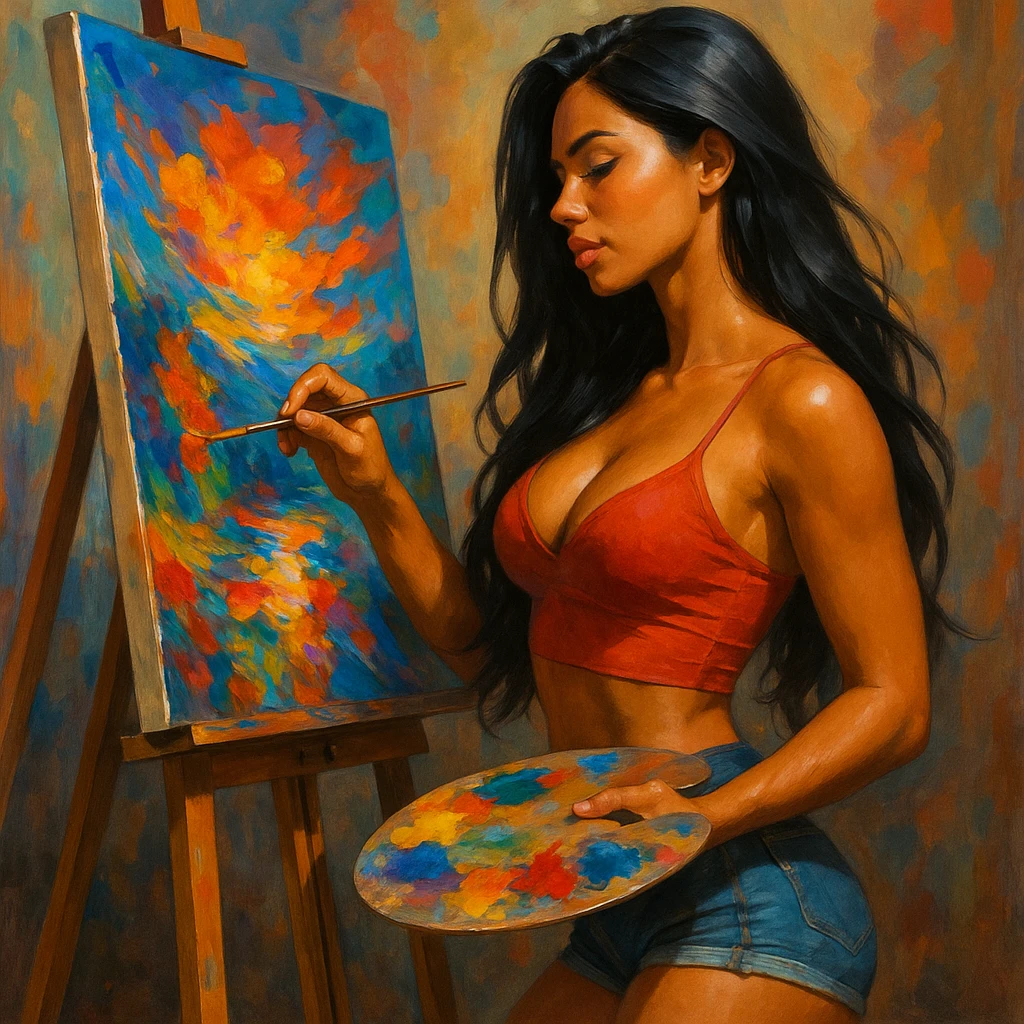 sexy tanned woman artist with long black hair, painting a masterpiece at an easel, holding a paint palette and brush, vibrant colors, in general style emoji