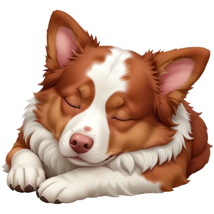 Cinematic Chubby Sleeping Red and White Merle Australian Shepherd Portrait Emoji, Chubby and serene, with a round, adorable build and a striking red and white merle coat, eyes gently closed in peaceful slumber, Simplified yet irresistibly endearing features, highly detailed, glowing with a gentle, dreamy glow, high shine, relaxed and content, stylized with a touch of whimsy, bright and heartwarming, soft glowing outline, capturing the essence of a blissfully sleepy herder, so comically serene it feels like it could roll out of the screen and snore with adorable charm! emoji