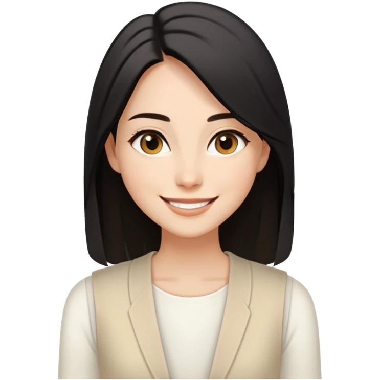 A woman with light to medium-toned skin, black shoulder-length straight hair, almond-shaped eyes, joyful smile, wearing a white long-sleeve top and a light beige sleeveless open-front vest, exuding warmth and elegance. emoji