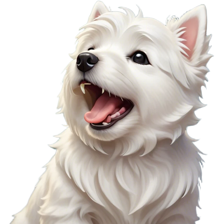 Cinematic Cute Yawning West Highland White Terrier Portrait Emoji, Head tilted slightly with a dramatic, wide-open yawn, showcasing a soft, fluffy white coat with floppy ears slightly drooping and round dark eyes barely open in drowsy contentment, Simplified yet irresistibly adorable features, highly detailed, glowing with a soft, cozy glow, high shine, relaxed yet expressive, stylized with a touch of whimsy, bright and endearing, soft glowing outline, capturing the essence of a sleepy yet affectionate companion, so drowsy it feels like it could stretch out of the screen and curl up for a nap! emoji
