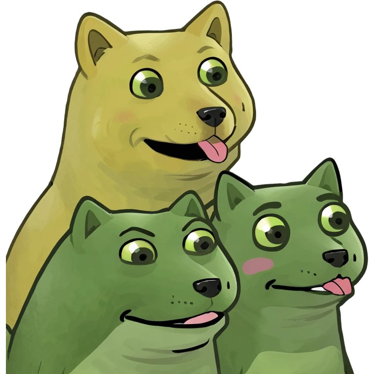 group emoji: yellow Doge, Pepe, and ChillGuy together, all holding 'ByteNova' text, fun meme mashup emoji