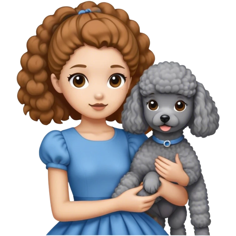 A girl with a caramel brown ponytail holding a grey poodle emoji