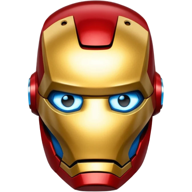 Iron Man helmet emoji, red and gold metallic, blue glowing eyes, clean and bold, simplified, expressive, popular emoji style emoji