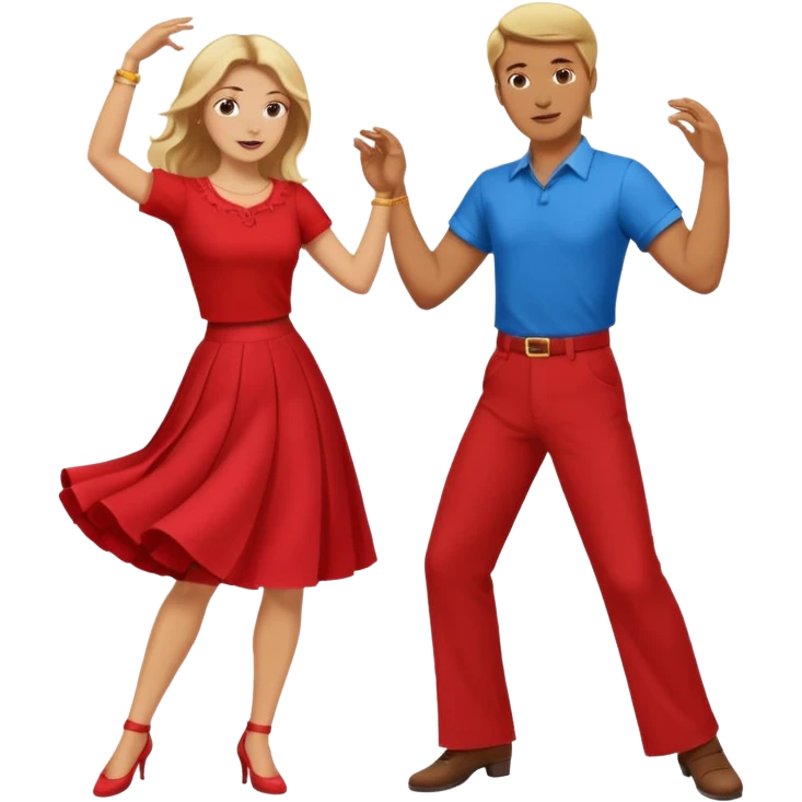 Two people dancing. Man in red shirt and  red pants with brown hair. Women in blue shirt and long skirt with blond hair. Dancing. emoji
