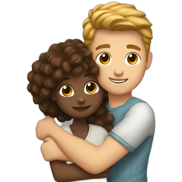black girl and white guy with brown hair  hugging emoji