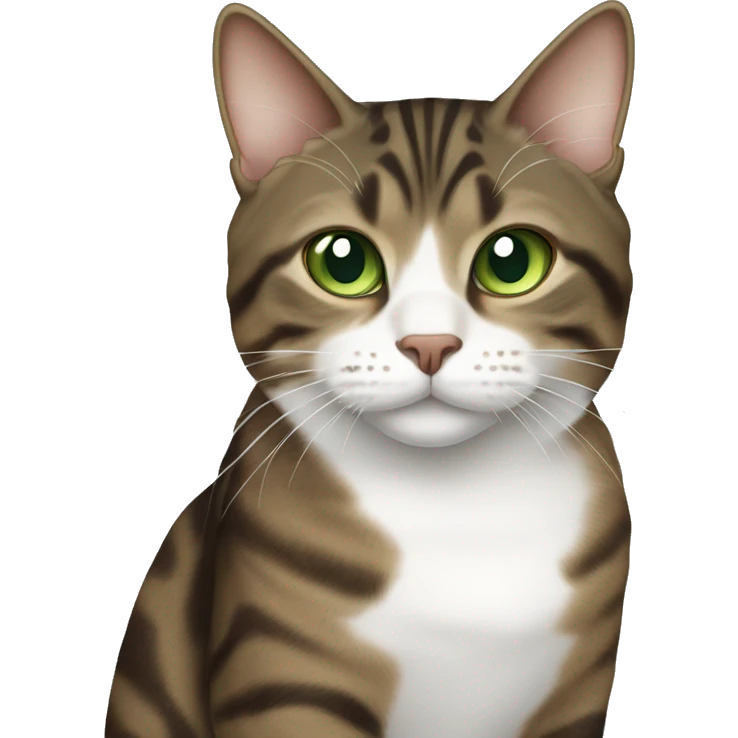 Brown mackerel tabby cat with partially white face and green eyes emoji