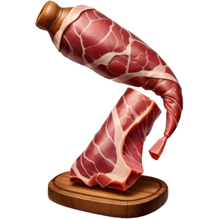 ​Cinematic Realistic Spanish Jamón Leg, depicted as a massive, cured leg of Jamón serrano with a deep reddish-brown hue, intricately marbled and slightly glossy with age, elegantly displayed on a rustic wooden stand and bathed in warm, soft lighting that accentuates its artisanal heritage, emoji