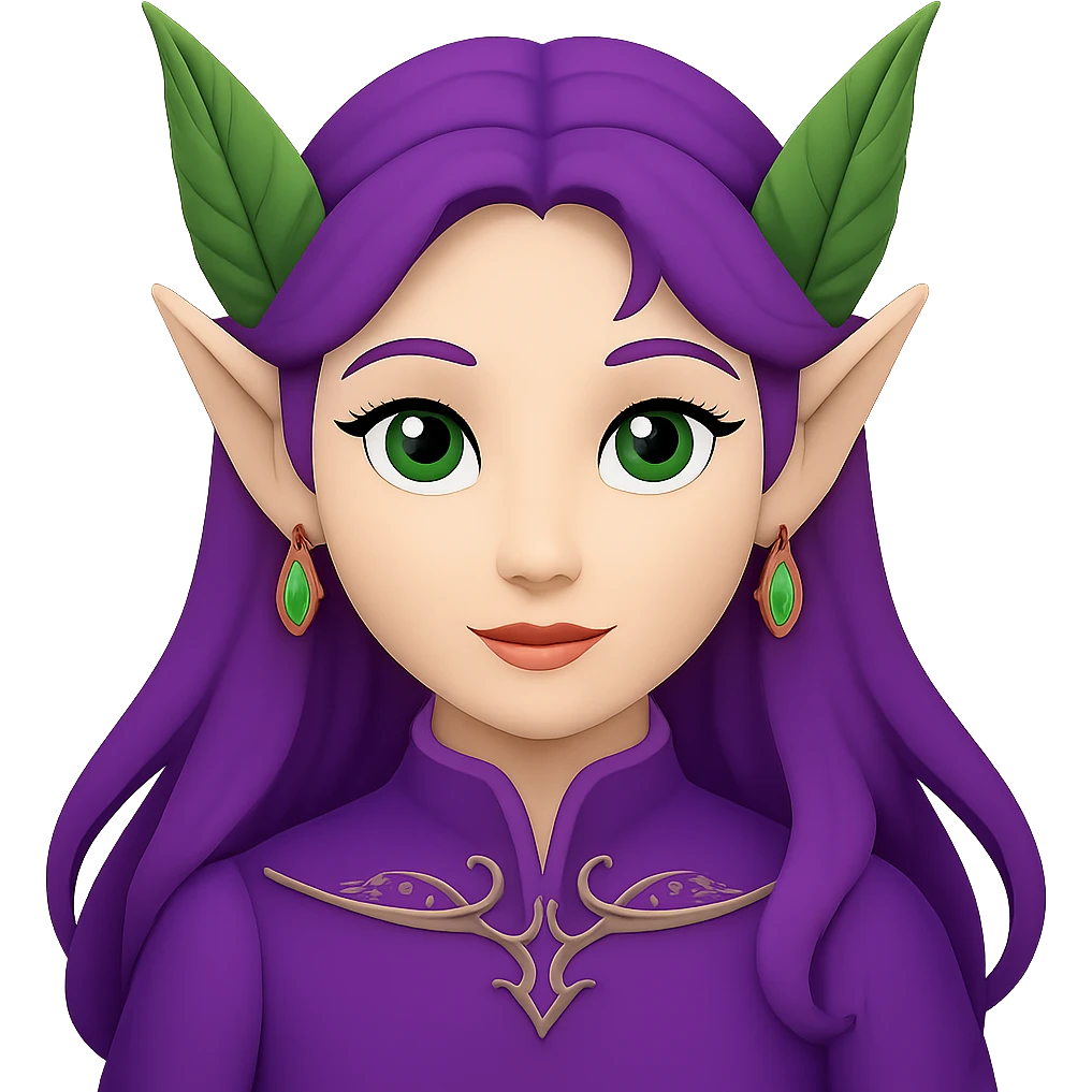 Create an Apple emoji style image of a woman with elf ears and purple hair, no background. emoji