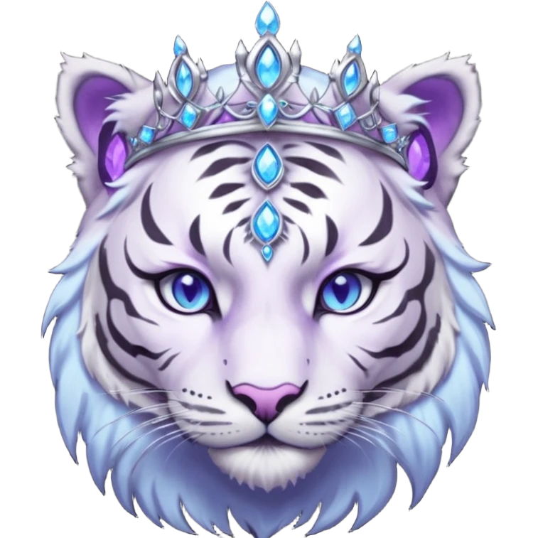 ESO Female white/black tiger khajiit leader of the umbral rose, glowing blue eyes, glowing blue 'third eye' gem; purple gemmed silver tiara emoji
