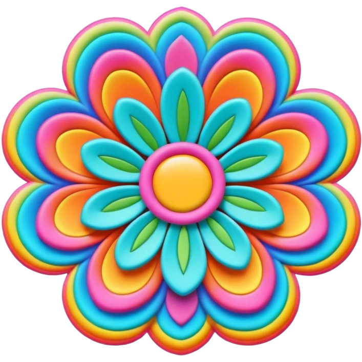 3D, psychedelic colored label with hippie style flower border emoji