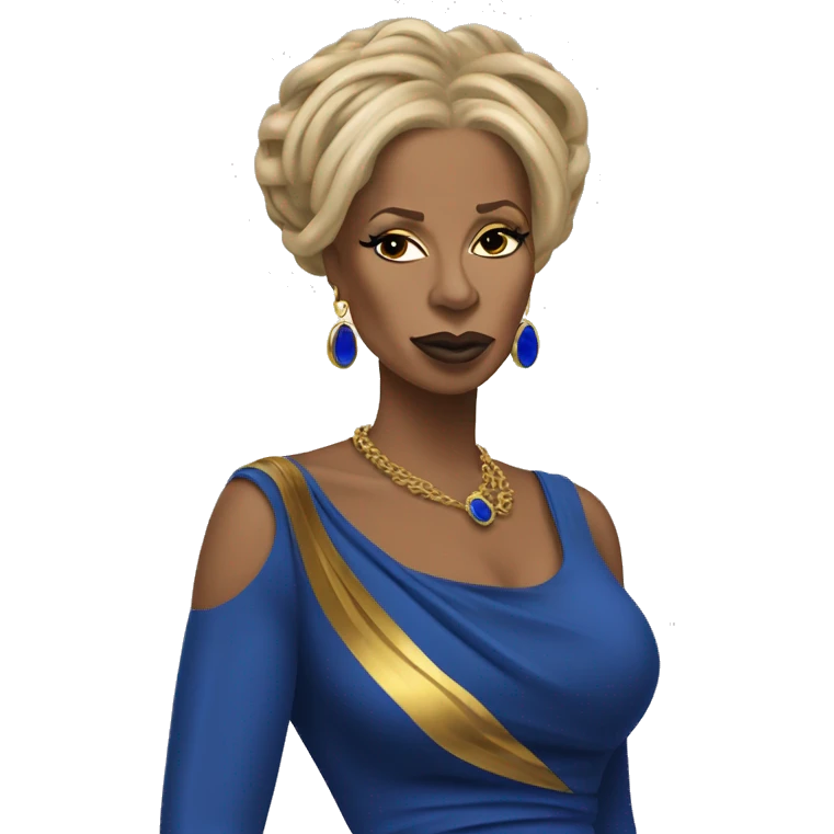 Shrugging Mary j blige with blue and gold locs wearing a royal blue and gold dress  emoji